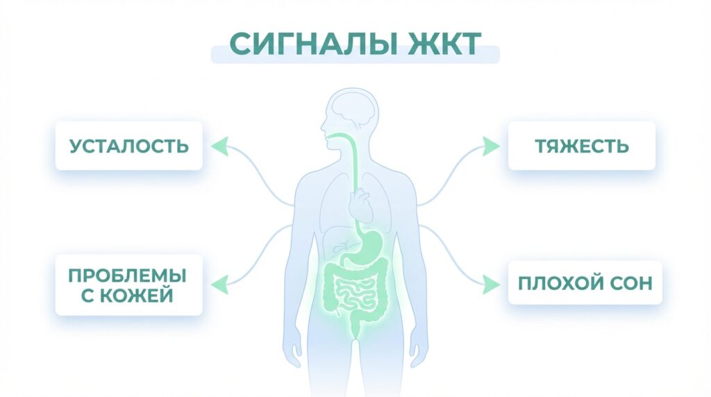 Инфографика сигналов забитого ЖКТ и проблем со стулом, указывающих на необходимость очистить кишечник от шлаков в домашних условиях.